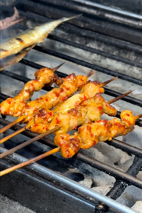 藤椒鸡腿肉串 烤制实拍